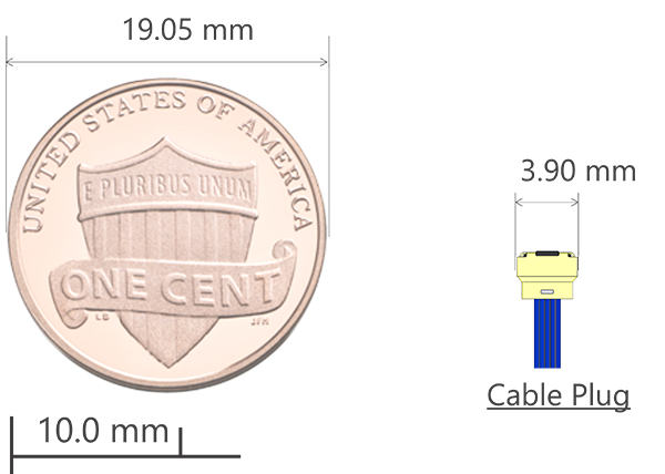 Size comparison image of 5 pin plug with a one-cent coin